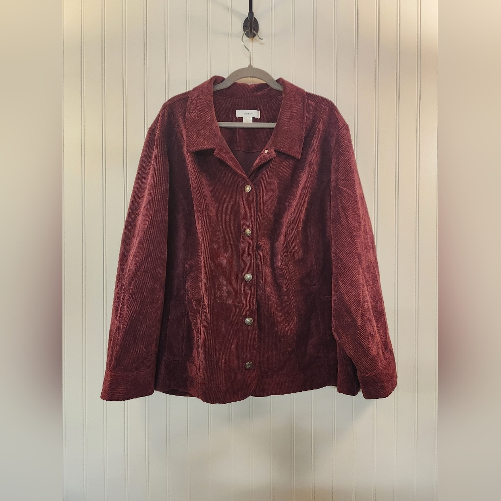 CJ Banks‎ Women's Burgundy Corduroy Metal Button-Up Jacket Size 3X Long Sleeve